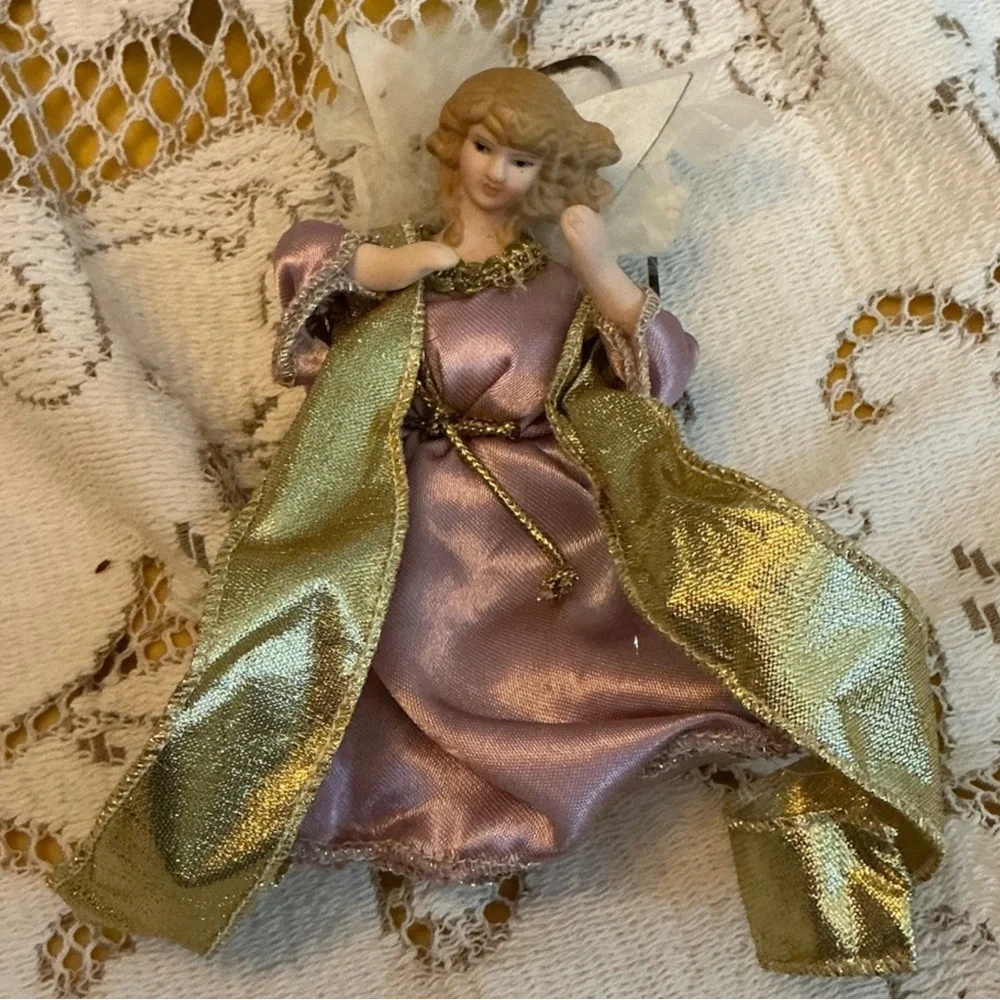 Vintage Porcelain & Fabric Angel Christmas Ornament Holiday Décor 4.5”
